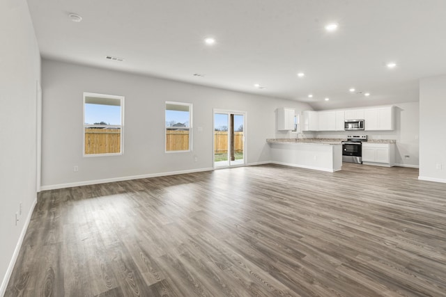 unfurnished living room featuring sink and dark hardwood / wood-style flooring