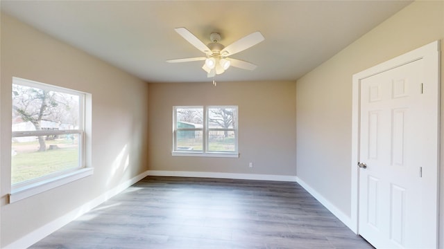 empty room featuring ceiling fan, a wealth of natural light, and wood-type flooring