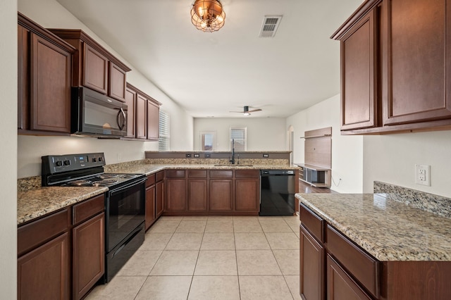 kitchen with black appliances, sink, kitchen peninsula, ceiling fan, and light tile patterned floors