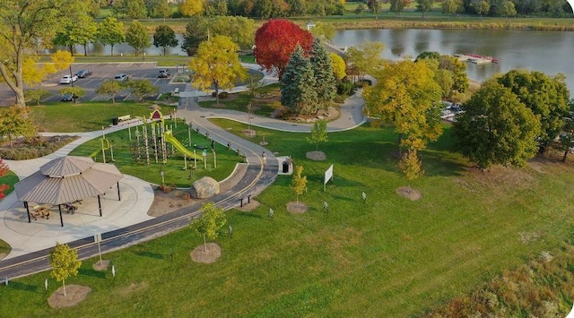 drone / aerial view with a water view