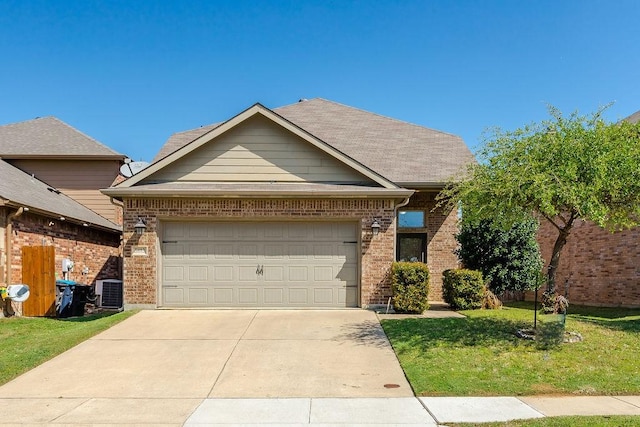 ranch-style home with brick siding, a garage, concrete driveway, a front lawn, and central AC unit