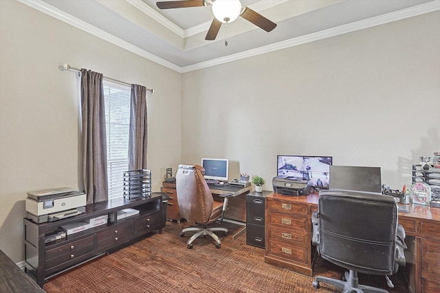 office space featuring ceiling fan, dark hardwood / wood-style flooring, ornamental molding, and a raised ceiling