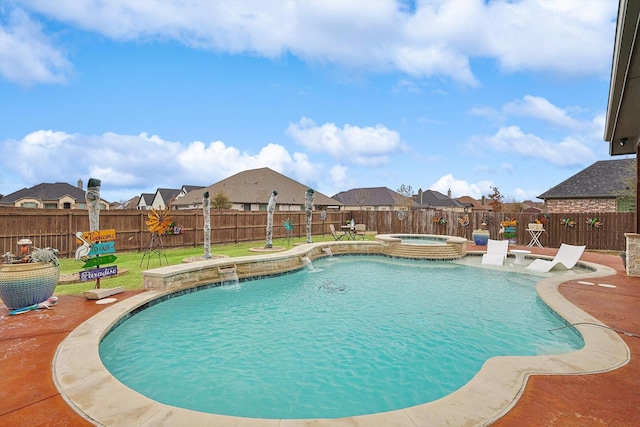 view of swimming pool with pool water feature and an in ground hot tub