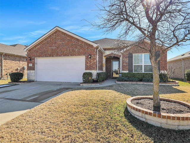 ranch-style home with a front lawn and a garage