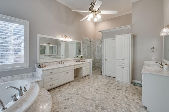 bathroom featuring vanity, plenty of natural light, and plus walk in shower