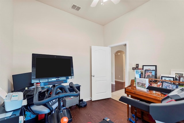 office featuring dark hardwood / wood-style flooring and ceiling fan