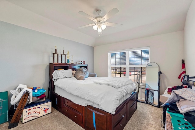 bedroom with light colored carpet and ceiling fan