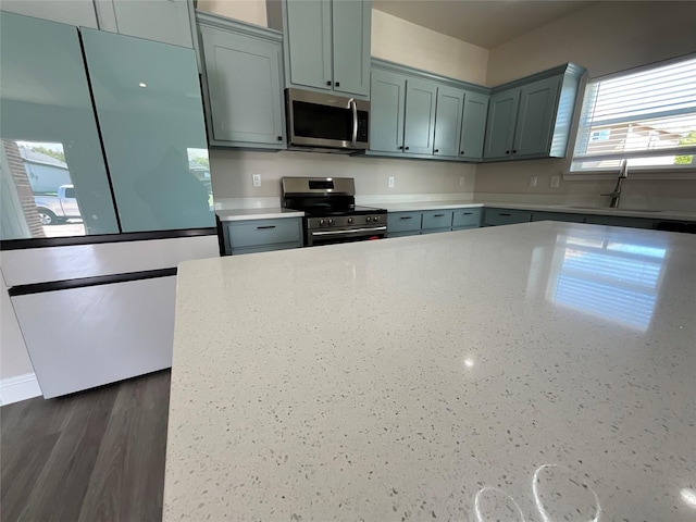 kitchen featuring stainless steel appliances, dark hardwood / wood-style flooring, light stone counters, and sink