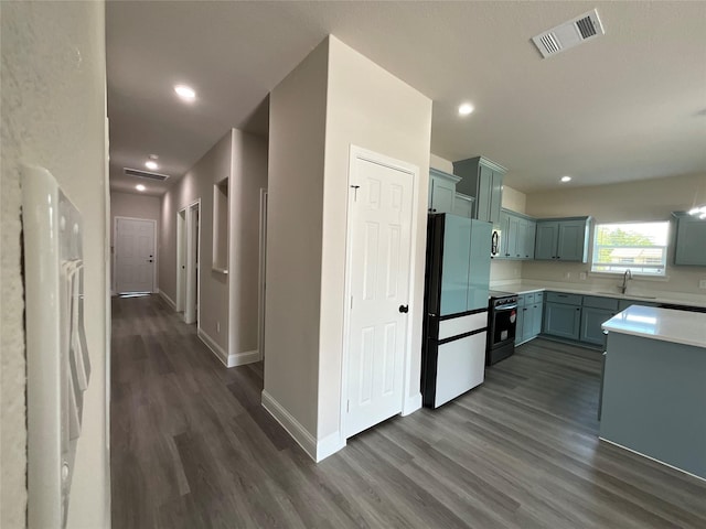 kitchen with appliances with stainless steel finishes, dark hardwood / wood-style flooring, and sink