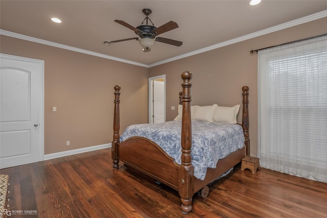 bedroom with crown molding, dark wood-type flooring, and ceiling fan