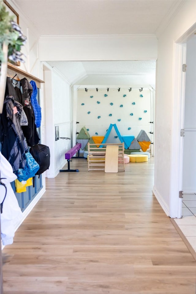 playroom with wood-type flooring and crown molding