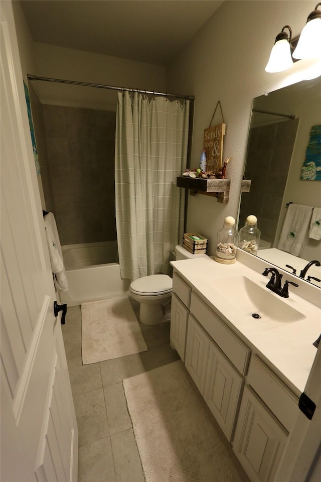 full bathroom with toilet, tile patterned flooring, shower / bath combo, and vanity