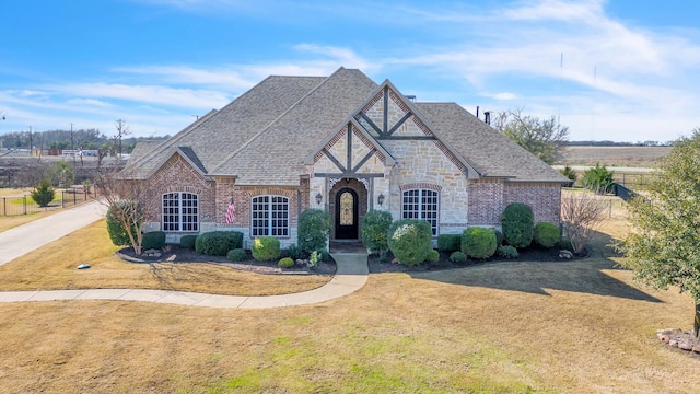 tudor home featuring brick siding, roof with shingles, fence, and a front yard