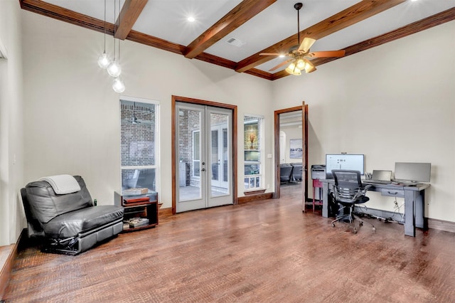 office featuring ceiling fan, wood-type flooring, beam ceiling, and french doors