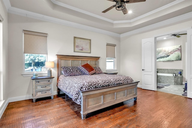 bedroom with ceiling fan, crown molding, connected bathroom, and multiple windows