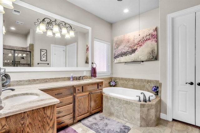 bathroom with tile patterned floors, vanity, and plus walk in shower