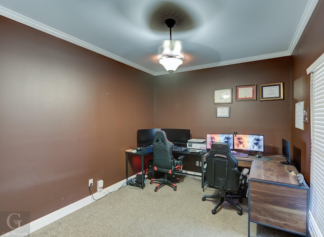 home office featuring ornamental molding and carpet flooring