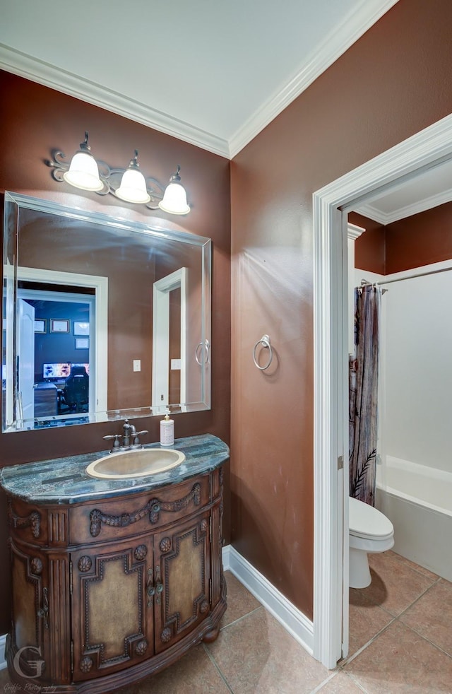 full bathroom featuring toilet, ornamental molding, vanity, shower / bath combination with curtain, and tile patterned flooring