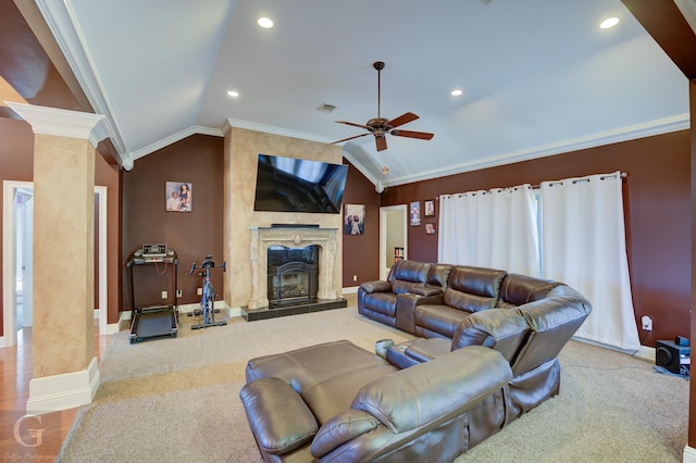 living room with light carpet, vaulted ceiling, and ornate columns