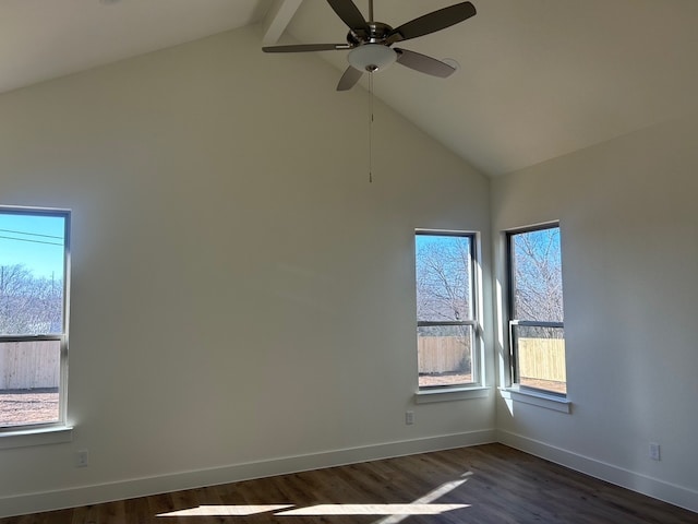 spare room with high vaulted ceiling, dark wood-style flooring, beamed ceiling, and baseboards