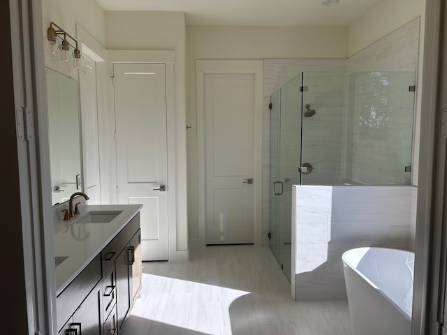 bathroom with a soaking tub, a sink, a shower stall, and double vanity