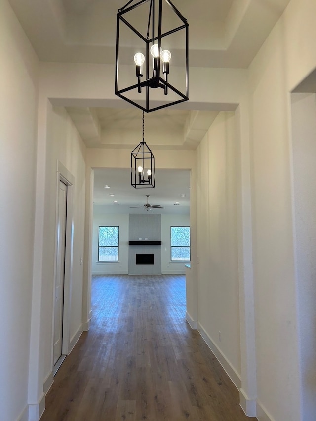 hallway featuring a wealth of natural light, a tray ceiling, dark wood-style flooring, and baseboards