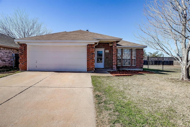 ranch-style house with a garage and a front lawn