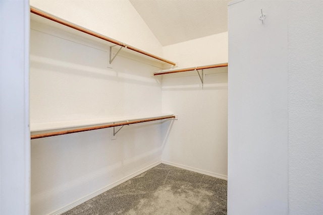 walk in closet with lofted ceiling and carpet flooring