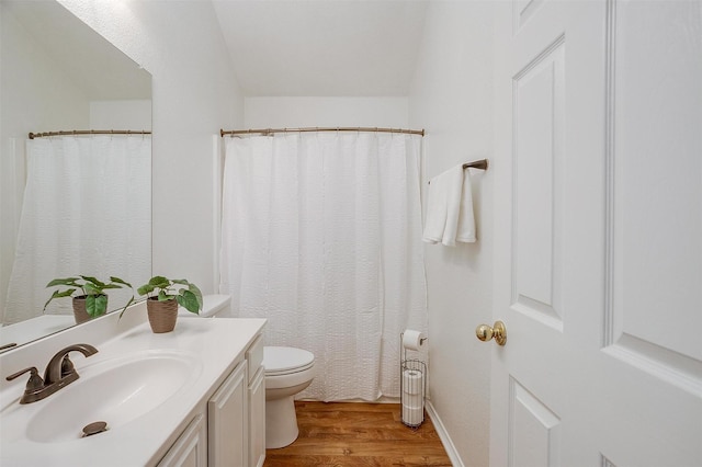 bathroom with wood-type flooring, toilet, and vanity