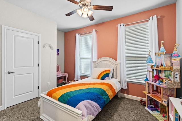 carpeted bedroom featuring ceiling fan