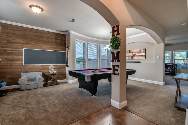 recreation room with ornamental molding, carpet floors, wooden walls, and billiards