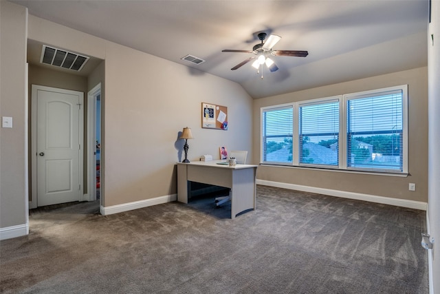 office area featuring ceiling fan, lofted ceiling, and dark carpet