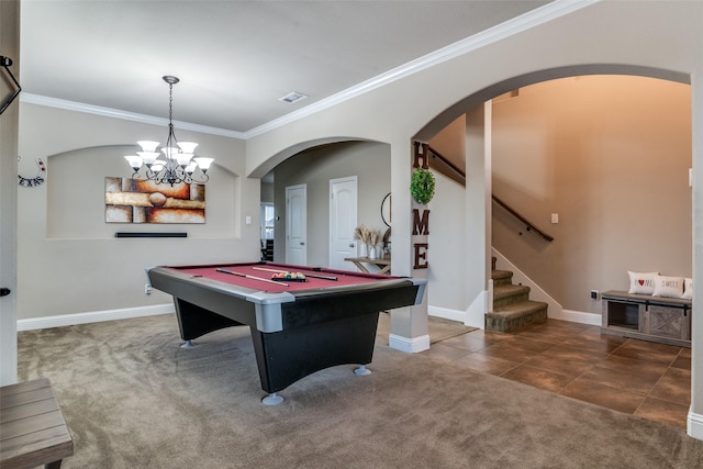 playroom with crown molding, billiards, and dark tile patterned floors