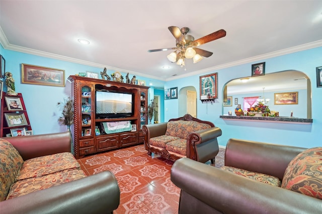 living room featuring ceiling fan, light tile patterned floors, and ornamental molding