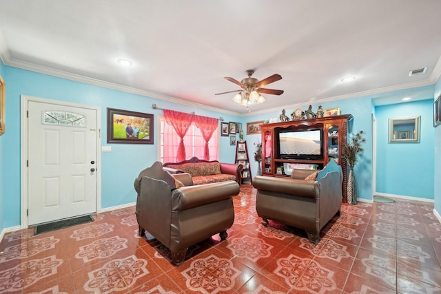 tiled living room featuring ceiling fan and crown molding