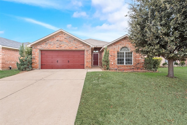 single story home featuring a front lawn and a garage