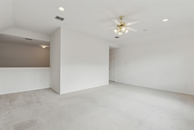 empty room with light carpet and ceiling fan