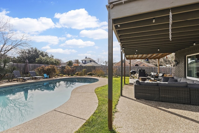 view of pool with a fenced backyard, an outdoor living space, a fenced in pool, and a patio