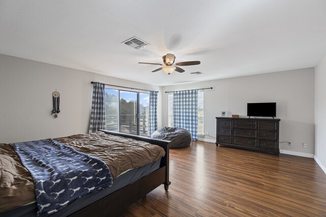 bedroom featuring dark hardwood / wood-style floors and ceiling fan