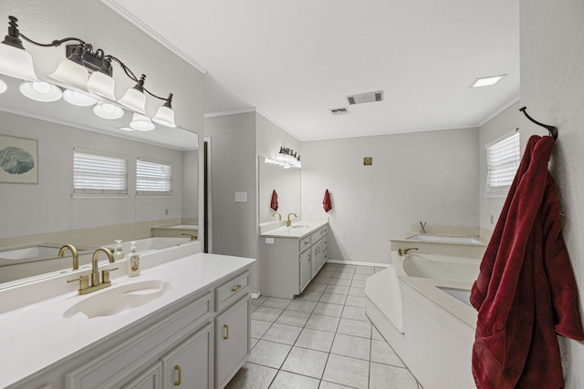 full bath featuring tile patterned flooring, two vanities, a sink, and visible vents