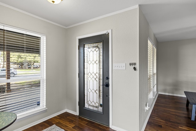 foyer featuring a textured wall, dark wood-style flooring, crown molding, and baseboards