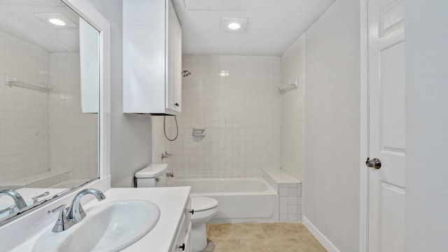 full bathroom with toilet, tiled shower / bath combo, tile patterned flooring, and vanity