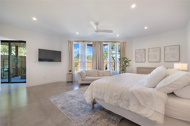 bedroom with ceiling fan and access to exterior