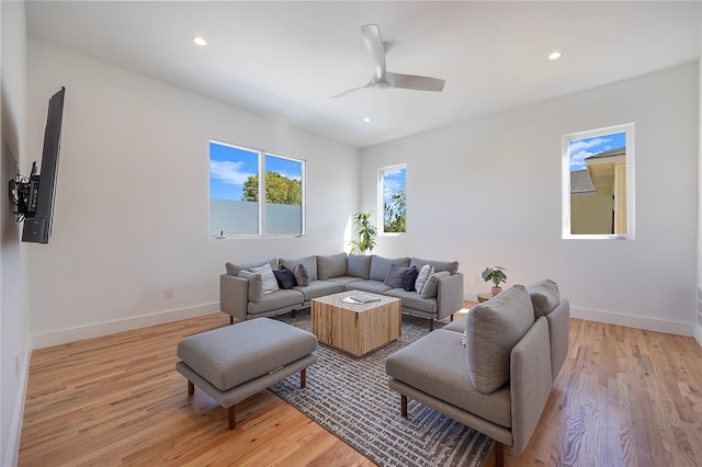 living room with ceiling fan and light hardwood / wood-style floors