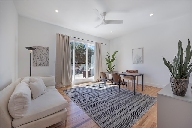 office area with ceiling fan and light wood-type flooring