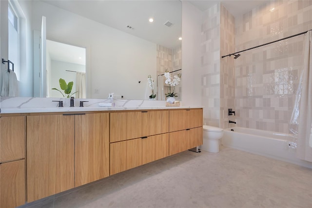 full bathroom with toilet, vanity, and shower / bathtub combination with curtain