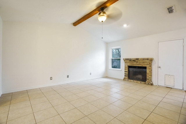 unfurnished living room with ceiling fan, light tile patterned floors, and lofted ceiling with beams