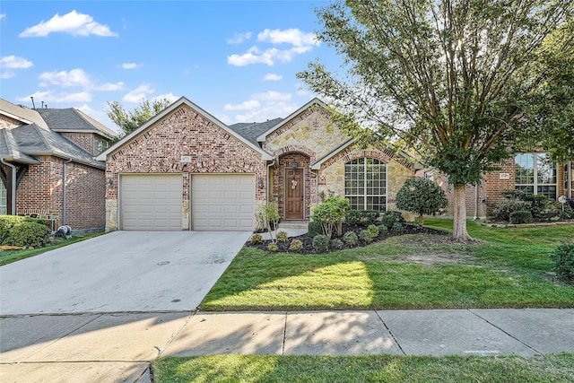 view of front facade featuring a garage, concrete driveway, a front yard, and stone siding