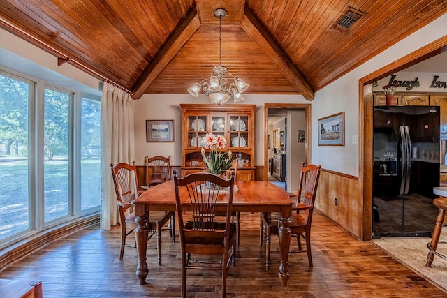 dining area with wood ceiling, a wealth of natural light, wooden walls, and a notable chandelier