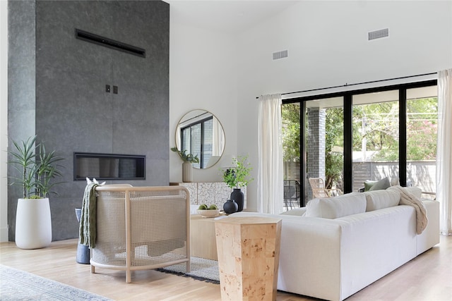 living room featuring a towering ceiling and hardwood / wood-style flooring